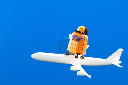 Foto de Yellow suitcase in a cap and sunglasses on a plane to fly on vacation. Travel concept. 3d rendering - Imagen libre de derechos