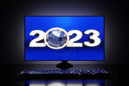 Photo for 3d illustration, a gamer of a powerful personal computer with a monitor from desktops in the form of a congratulatory new year card with 2023.The concept of the new year and Christmas in the IT field. - Royalty Free Image