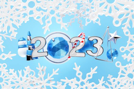 Foto de 3D illustration postcard Merry Christmas and Happy New Year! Festive background with gift box, snowman, snowflake, decor, christmas ball - Imagen libre de derechos