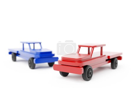 Téléchargez les photos : Pickup wooden  red and blue cars design on  white background. 3d illustration - en image libre de droit