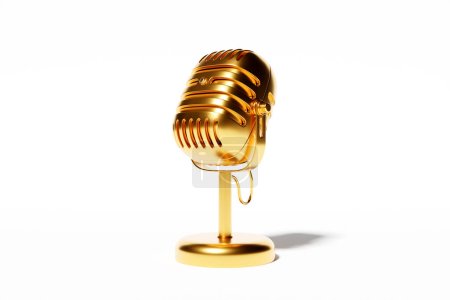 Photo for Golden  metal retro microphone, classic metal microphone on a white  background, close-up view. Live show, music recording, entertainment concept. 3d illustration - Royalty Free Image