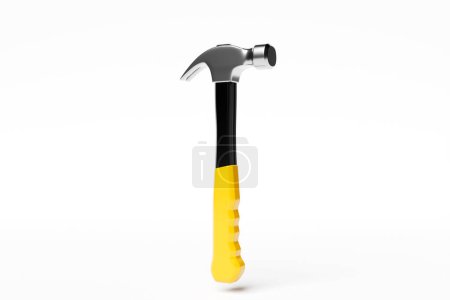 Téléchargez les photos : 3D illustration of a  yellow hammer hand tool isolated on a monocrome background. 3D render and illustration of repair and installation tool - en image libre de droit