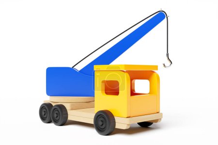 Téléchargez les photos : Illustration 3D d'un jouet d'enfant d'une grue multicolore sur fond blanc isolé. Jouet écologique pour parents et enfants - en image libre de droit