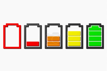 Téléchargez les photos : 3D illustration of a close-up of multicolored batteries on a white background. An unsafe way to use energy. - en image libre de droit