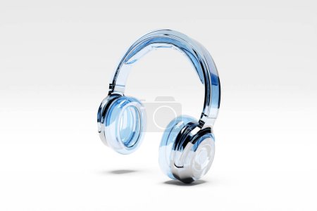 Téléchargez les photos : Blue   transparent    wireless headphones isolated 3d rendering.  Headphone icon illustration. Audio technology. - en image libre de droit