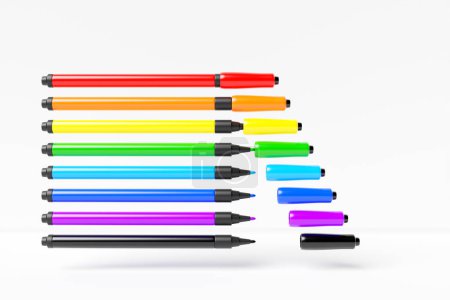 Foto de A set of realistic multi-colored markers with caps on a white isolated background, 3D illustration. Stationery. Colorful Highlighters. - Imagen libre de derechos