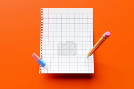 Foto de 3d illustration, a school notebook in a cage and a  pen on a orange   background. School stationery. Back to school - Imagen libre de derechos