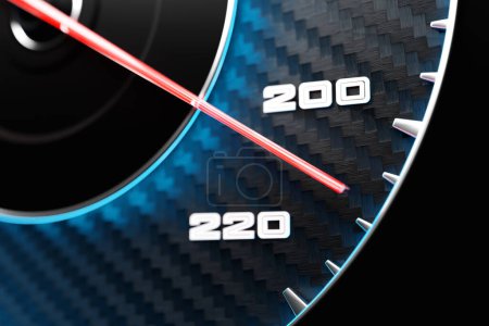 Photo for 3D close-up illustration of a black dashboard of a car, a digital bright speedometer with a red arrow in a sporty style. - Royalty Free Image