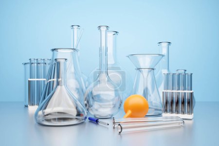 Foto de 3d illustration of a set of laboratory instruments. Chemical laboratory research set on blue background - Imagen libre de derechos