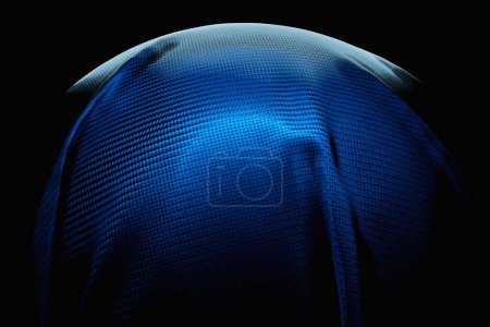 Téléchargez les photos : 3d illustration of a ball  under a blue piece of fabric on a black  background. Geometry pattern. - en image libre de droit