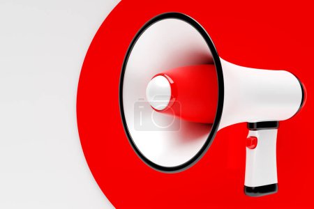 Téléchargez les photos : Red cartoon glass loudspeaker on a  monochrome background. 3d illustration of a megaphone. Advertising symbol, promotion concept. - en image libre de droit