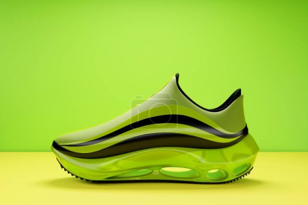 Téléchargez les photos : 3d illustration green  new sports sneakers  on a huge foam sole on green solated background , sneakers in an ugly style. Fashionable sneakers. - en image libre de droit