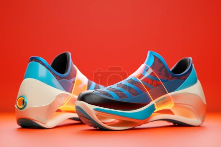 Téléchargez les photos : Bright sneakers on the sole. The concept of bright fashionable sneakers, 3D rendering. - en image libre de droit