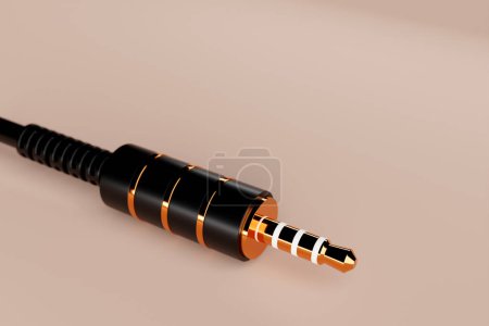 Photo for Close up of the black audio mini plug on beige  isolated background . 3D illustration. - Royalty Free Image
