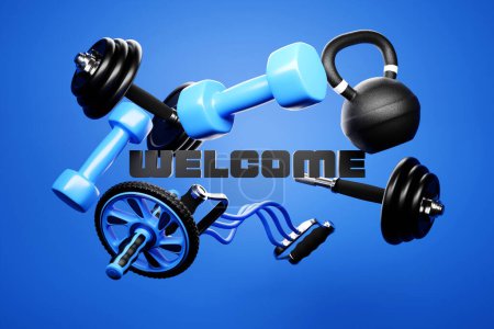 Téléchargez les photos : 3d illustration of sports equipment and  inscription welcome . Sports equipment: kettlebell, dumbbell, elastic band for sports, gymnastic roller for the press. Sports game store banner - en image libre de droit