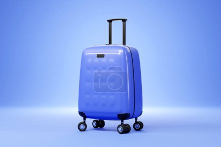 Close-up of a blue travel suitcase on wheels on a blue background. 3d rendering