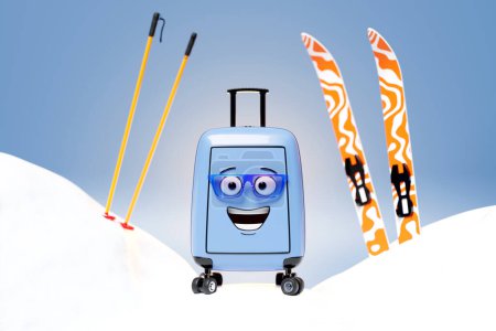 Photo for Cheerful blue luggage with skis. Layout for creating advertising media about ski tourism, 3d travel and transport concept design - Royalty Free Image