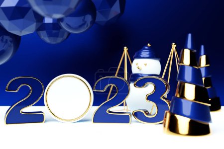 Foto de 3D illustration New Year card with 2023 decor, gifts, snowmen. Christmas greetings. - Imagen libre de derechos