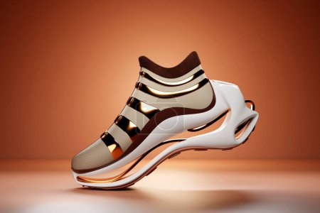 Téléchargez les photos : 3D illustration of a concept shoe for the metaverse. Colorful  sports boot sneaker on a high platform. - en image libre de droit