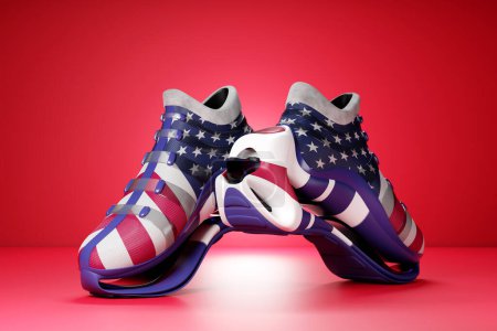 Foto de Colorful yellow sneakers with the American flag on the sole. The concept of bright trendy sneakers, 3D rendering. - Imagen libre de derechos
