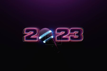 Photo for 3d illustration of  design happy new year 2023 and blue microphone,   model  on black background, 3d illustration. music award, karaoke, radio and recording studio sound equipment - Royalty Free Image