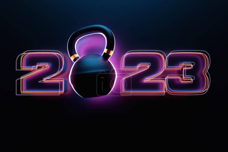 Photo for 3d illustration of  design happy new year 2023  and sports equipment, weight. Sport happy new year  banner - Royalty Free Image