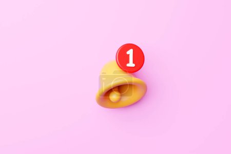 Téléchargez les photos : 3D illustration of a yellow bell with a new social media reminder notification on pink background. - en image libre de droit