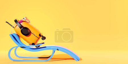 Foto de A yellow suitcase with multi-colored glasses is resting on a sun lounger on vacation on a yellow background. 3d rendering. The concept of an adventure vacation at sea - Imagen libre de derechos