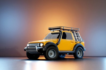 Téléchargez les photos : A powerful yellow Off-road car 4x4, safari, expedition off-roader, front view. 3D illustration - en image libre de droit