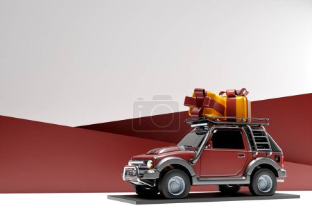 Foto de Christmas red SUV car with gift boxes . Goods delivery concept and Happy New Year greeting card.The concept of the new year and Christmas in the automotive field. - Imagen libre de derechos