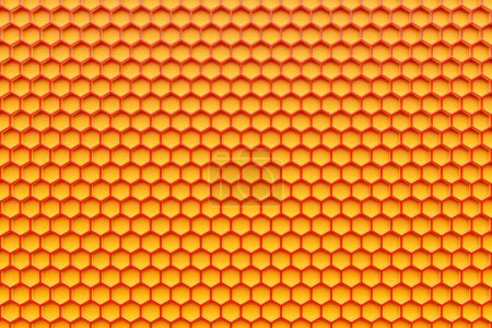Téléchargez les photos : Illustration 3D d'un nid d'abeille monochrome orange pour miel. Modèle de formes hexagonales géométriques simples, fond de mosaïque. Concept de nid d'abeille, ruche - en image libre de droit