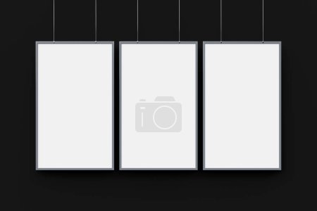 Foto de 3D illustration  of bright white light frame in a row on a black  isolated background. Three white rectangles - Imagen libre de derechos