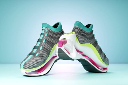 Photo for 3d illustration of sneakers with bright gradient holographic print. Stylish concept of stylish and trendy sneakers - Royalty Free Image