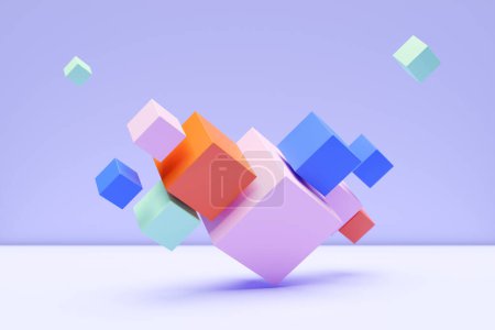 Téléchargez les photos : Close-up 3d blue   and pink illustration. Different cube flying - en image libre de droit