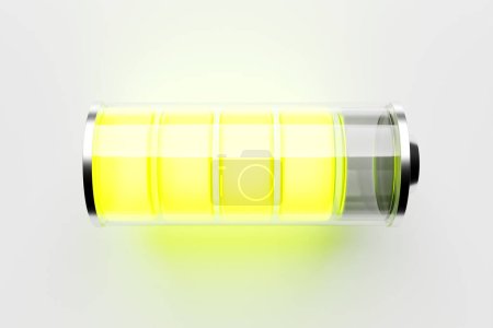 Foto de Close-up 3D illustration of  yellow  indicators value on a  battery on white background. - Imagen libre de derechos