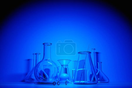 Photo for 3D  illustration laboratory glass equipment, test tubes and flasks on blue background. Laboratory glassware for medical or scientific research. Empty flasks, glasses. - Royalty Free Image