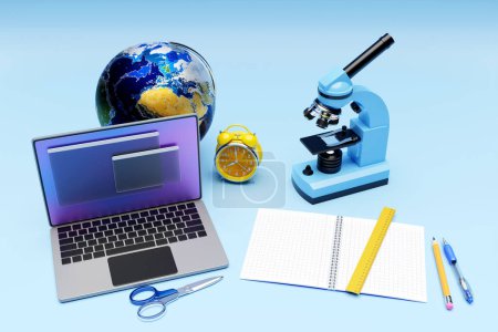 Photo for 3D illustration of a laptop with an open browser tab on the screen,laboratory microscope and  set of laboratory instruments - Royalty Free Image