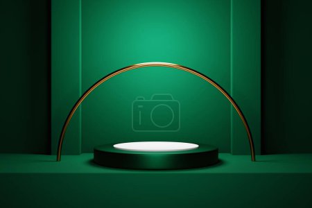 Téléchargez les photos : 3d illustration of a  green circle podium stand on the background of a geometric composition. 3d rendering. Minimalism geometry background - en image libre de droit