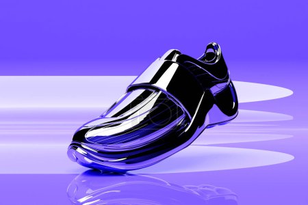 Téléchargez les photos : 3d illustration of silver sneakers with foam soles and closure  on a  purple background. Sneakers side view. Fashionable sneakers. - en image libre de droit