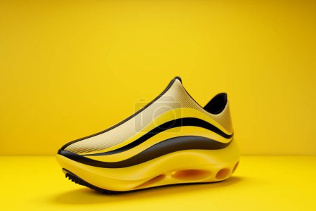 Téléchargez les photos : 3d illustration of yellow-black  sneakers with foam soles and closure under neon color on a yellow background. Sneakers side view. Fashionable sneakers. - en image libre de droit