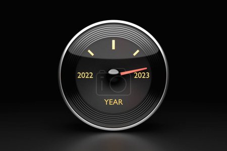 Téléchargez les photos : 3D illustration close up black speedometer with cutoffs 2022,2023 and calendar months. The concept of the new year and Christmas in the automotive field. Counting months, time until the new yea - en image libre de droit