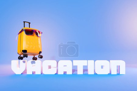 Téléchargez les photos : A yellow suitcase with blue glasses calls for a vacation on a blue background. Summer travel concept, 3d illustration - en image libre de droit