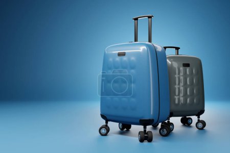 Téléchargez les photos : Close-up of two blue and gray travel suitcases on wheels on a pink background. 3d rendering - en image libre de droit