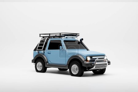 Téléchargez les photos : Blue   SUV adventure vehicle isolated on white   background. 3D illustration - en image libre de droit