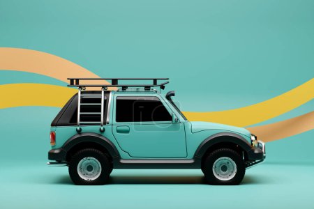 Téléchargez les photos : Blue  modern SUV prepared for safari on monochrome  background - side view - 3D illustration - en image libre de droit