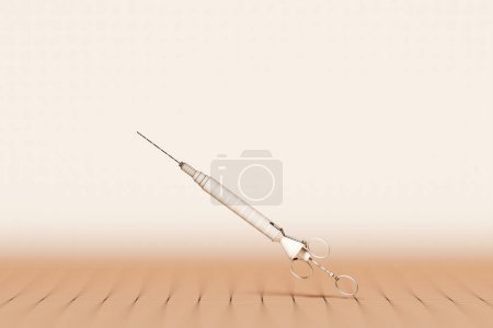 Téléchargez les photos : 3D rendering. Close up of a beige syringe with a vaccine against serious diseases on a monochrome  background.  Coronovirus vaccination and pandemic control - en image libre de droit
