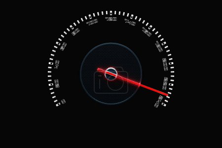 Téléchargez les photos : 3D illustration close up black car panel, digital bright speedometer in sport style. The speedometer needle shows a maximum speed of 240 km h - en image libre de droit