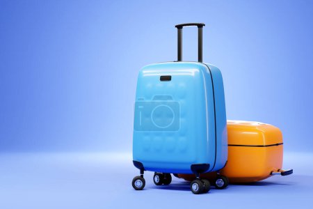 Téléchargez les photos : Close-up of luxurious  blue and yellow  plastic suitcases on a blue  background. Travel vacation vacation concept. 3d illustration - en image libre de droit