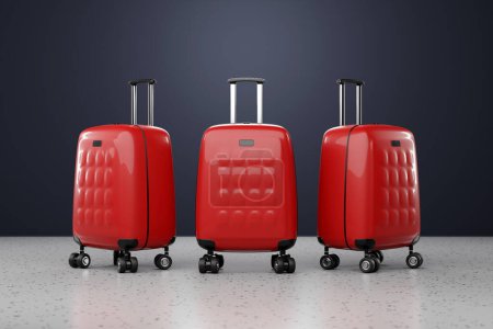 Foto de Close-up of luxurious and elegant   red suitcases on a gray  background. Travel vacation vacation concept. 3d illustration - Imagen libre de derechos