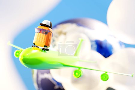 Téléchargez les photos : Yellow suitcase in a cap and sunglasses on a  green plane to fly on vacation. Travel concept. 3d rendering - en image libre de droit